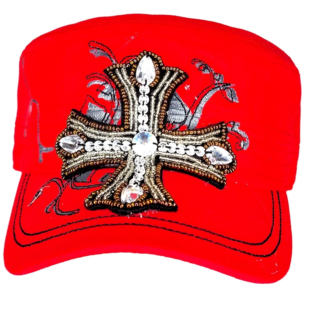 `` H25528 NWT Professional Style Red Bling Cross Cadet Hats